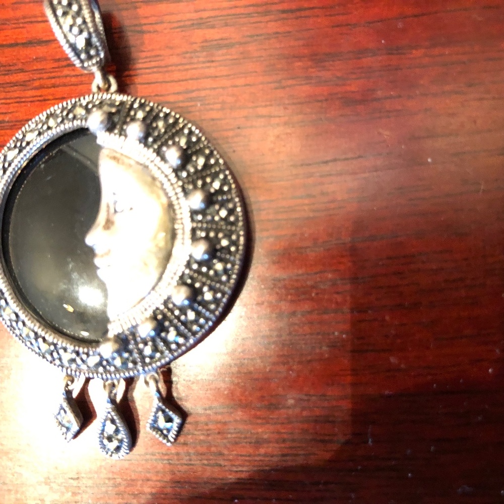 Black Onyx Sterling Marcosite half moon pendant